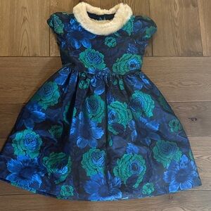 Janie and Jack Blue & Green Floral Party Dress with Faux Fur Collar